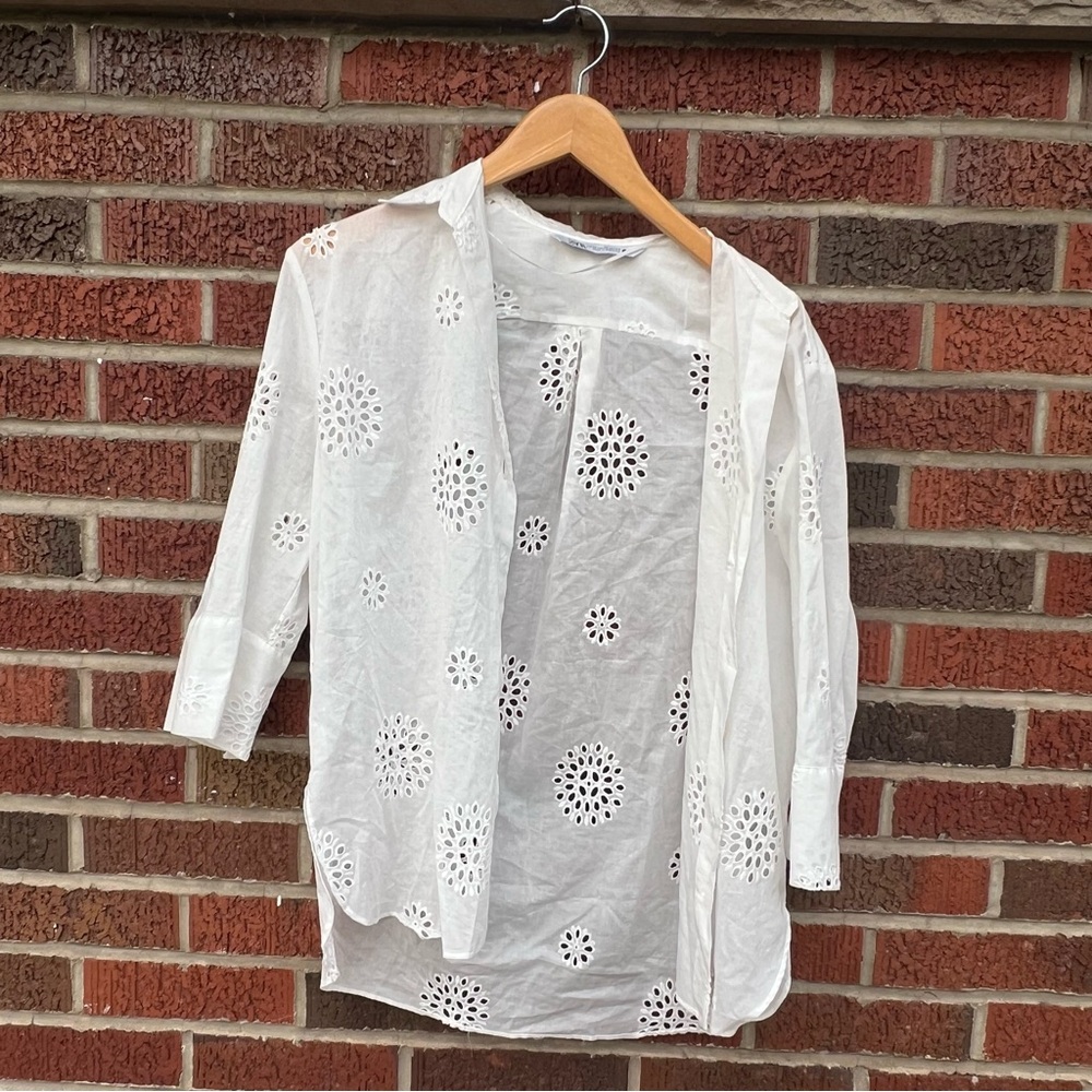 Zara White Perforated Button Down Collared Shirt … - image 1